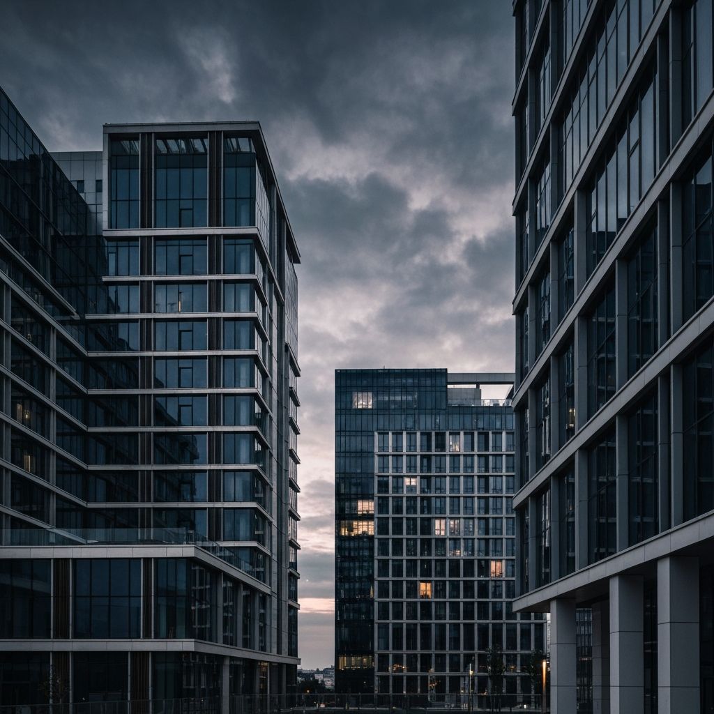 Modern architectural towers and development exteriors